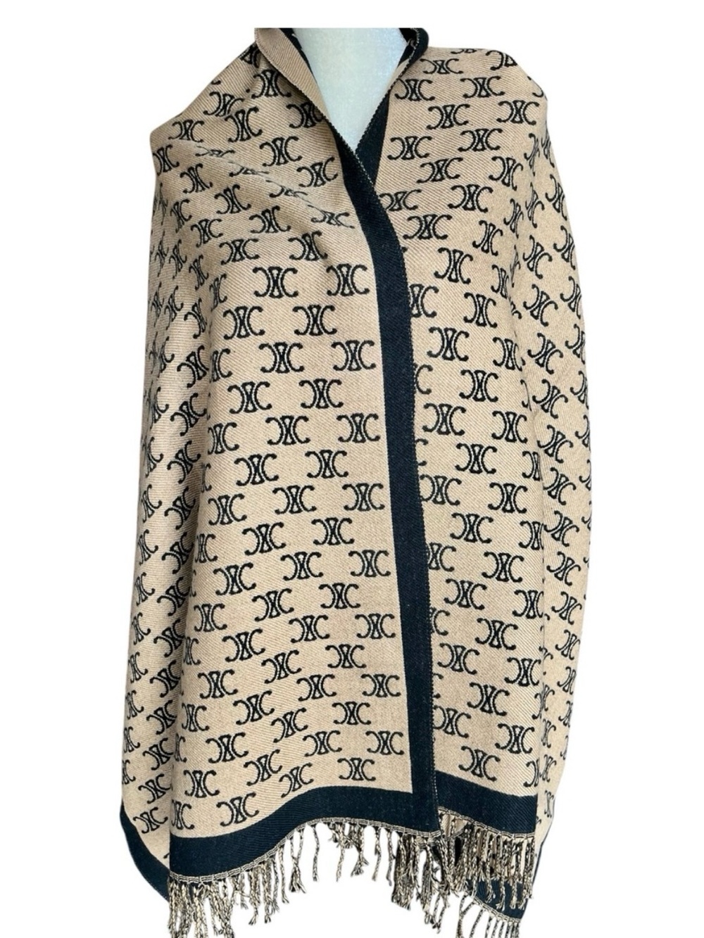 New Cashmere Silk Blend Double Sided Monogram Fringe Oversized Shawl Wrap 72x26 - Picture 4 of 10